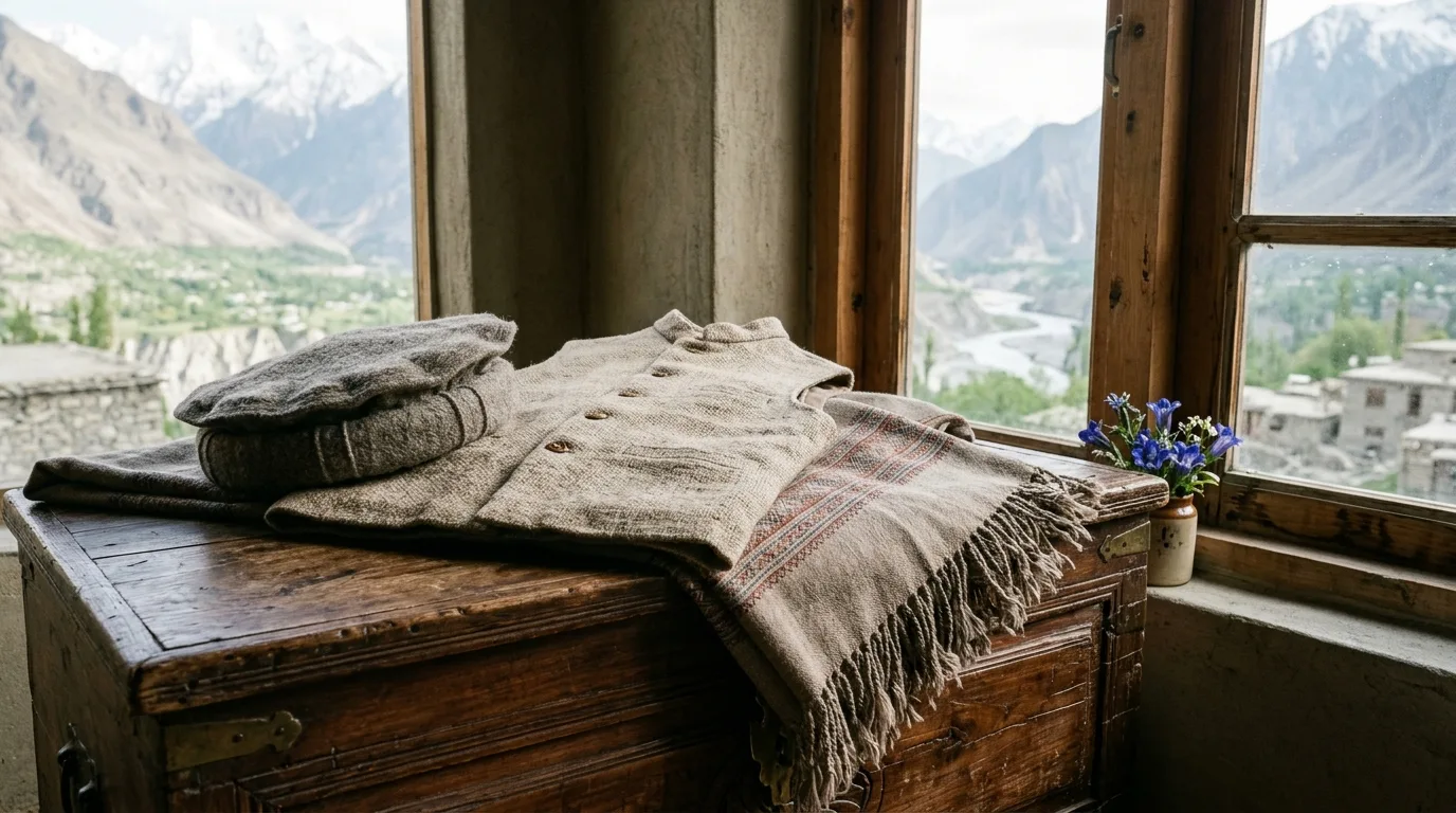 Artisan shaping Gilgiti wool cap and ceremonial ensemble